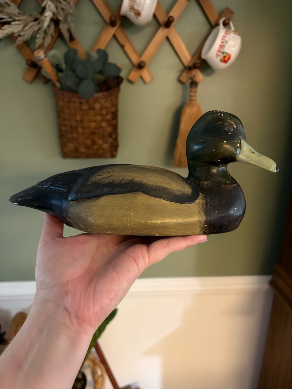 Vintage Hand-Painted Green and Black Duck Figurine - Decorative Home Accent